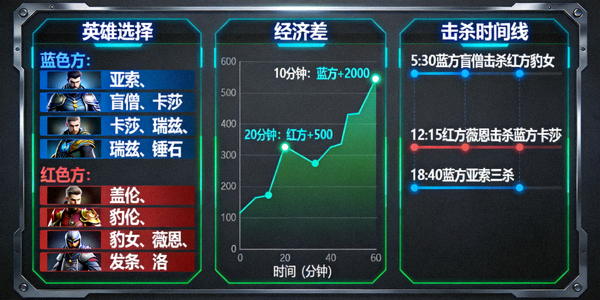 电子竞技比赛数据面板，显示英雄选择、经济差与击杀时间线