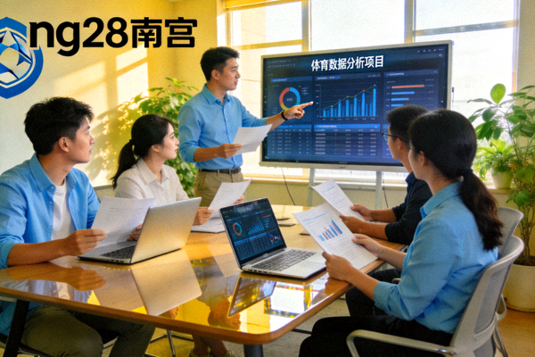 ng28南宫团队协作讨论体育数据分析项目的办公场景